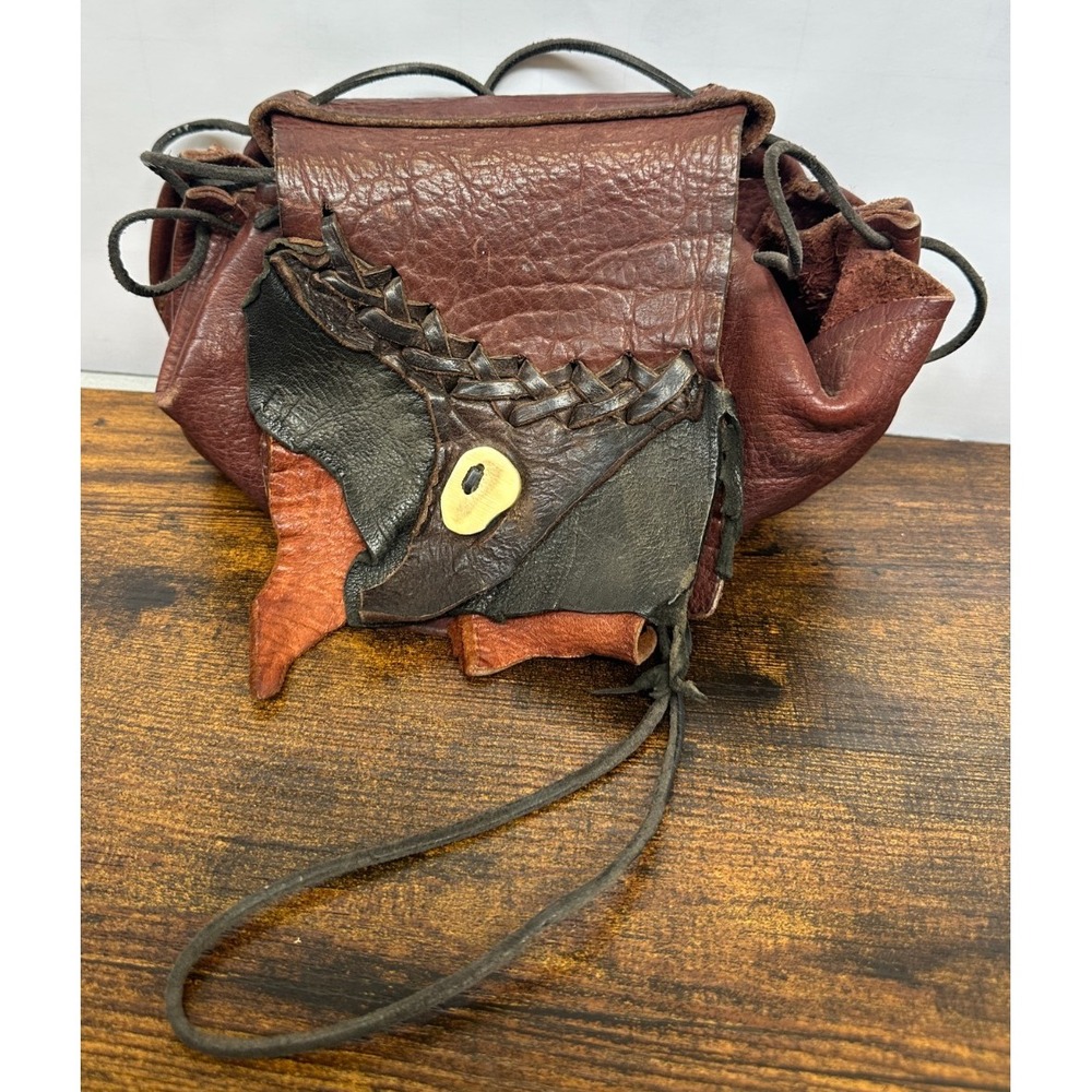 Handmade Artisan Leather Crossbody Pouch Bag Brown Patchwork Bone Button Boho - Picture 2 of 16